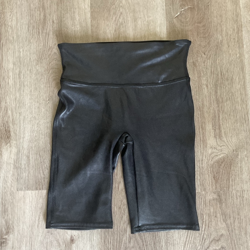 SPANX Black Faux Leather High-Waist Bike Shorts women’s small